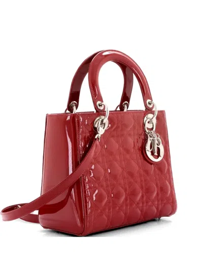Pre-owned Dior Lady  Bag Cannage Quilt Patent Medium Satchel In Red