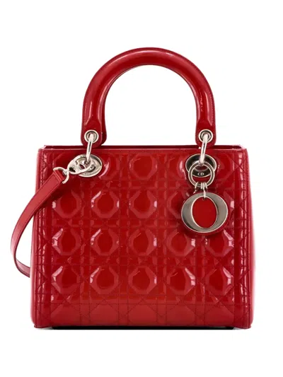 Pre-owned Dior Lady  Bag Cannage Quilt Patent Medium Satchel In Red