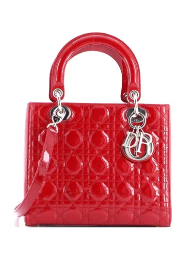 Pre-owned Dior Lady  Bag Cannage Quilt Patent Medium Satchel In Red