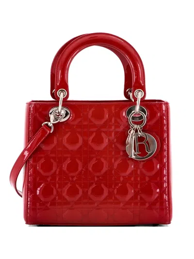 Pre-owned Dior Lady  Bag Cannage Quilt Patent Medium Satchel In Red
