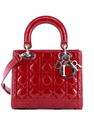 Pre-owned Dior Lady  Bag Cannage Quilt Patent Medium Satchel In Red