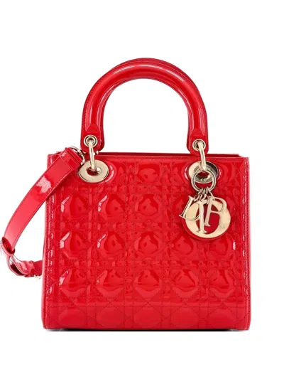 Pre-owned Dior Lady  Bag Cannage Quilt Patent Medium Satchel In Red