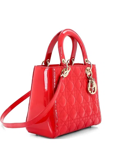 Pre-owned Dior Lady  Bag Cannage Quilt Patent Medium Satchel In Red