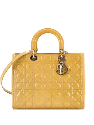 Pre-owned Dior Lady  Bag Cannage Quilt Patent Medium Satchel In Yellow