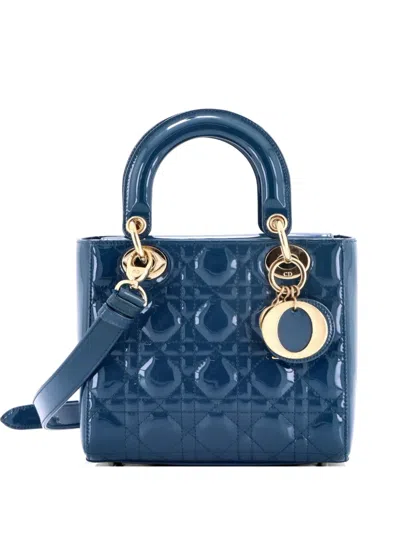 Pre-owned Dior Lady  Bag Cannage Quilt Patent Small Satchel In Blue