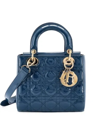 Pre-owned Dior Lady  Bag Cannage Quilt Patent Small Satchel In Blue