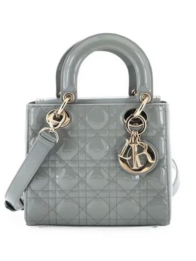 Pre-owned Dior Lady  Bag Cannage Quilt Patent Small Satchel In Gray