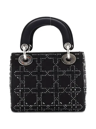 Pre-owned Dior Lady  Bag Crystal Embellished Cannage Quilt Satin Mini Satchel In Black