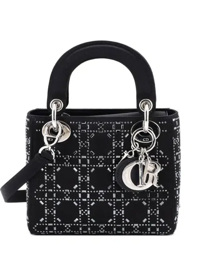 Pre-owned Dior Lady  Bag Crystal Embellished Cannage Quilt Satin Mini Satchel In Black
