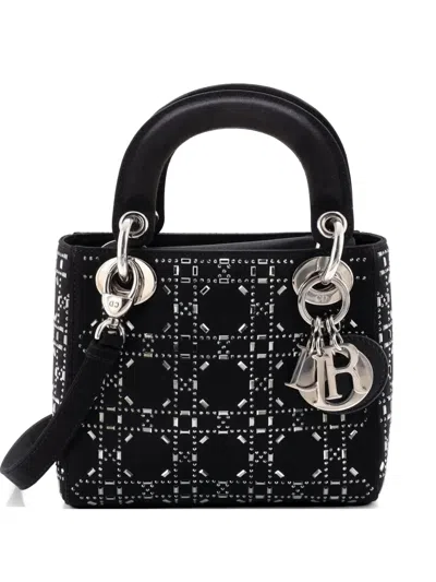 Pre-owned Dior Lady  Bag Crystal Embellished Cannage Quilt Satin Mini Satchel In Black