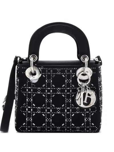 Pre-owned Dior Lady  Bag Crystal Embellished Cannage Quilt Satin Mini Satchel In Black