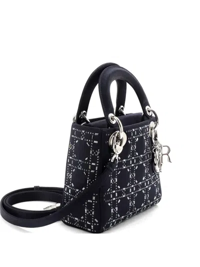Pre-owned Dior Lady  Bag Crystal Embellished Cannage Quilt Satin Mini Satchel In Blue