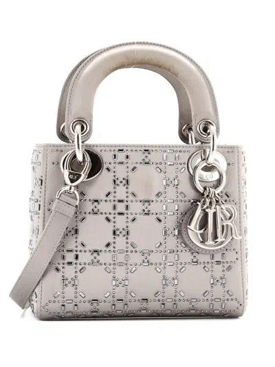 Pre-owned Dior Lady  Bag Crystal Embellished Cannage Quilt Satin Mini Satchel In Gray