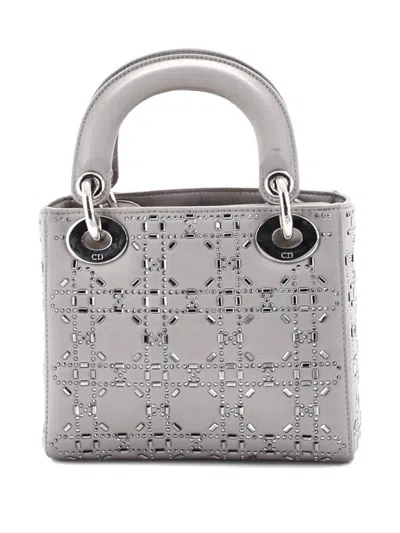 Pre-owned Dior Lady  Bag Crystal Embellished Cannage Quilt Satin Mini Satchel In Gray