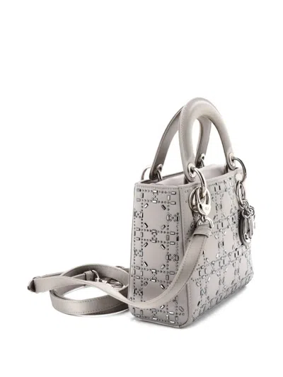 Pre-owned Dior Lady  Bag Crystal Embellished Cannage Quilt Satin Mini Satchel In Gray