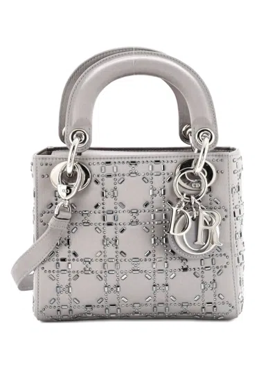 Pre-owned Dior Lady  Bag Crystal Embellished Cannage Quilt Satin Mini Satchel In Gray