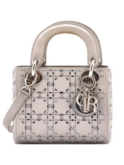 Pre-owned Dior Lady  Bag Crystal Embellished Cannage Quilt Satin Mini Satchel In Gray