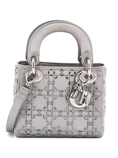 Pre-owned Dior Lady  Bag Crystal Embellished Cannage Quilt Satin Mini Satchel In Gray