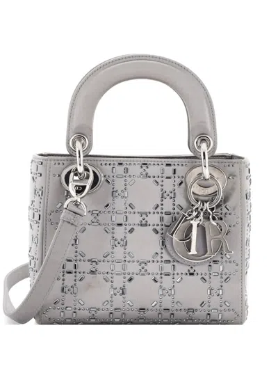 Pre-owned Dior Lady  Bag Crystal Embellished Cannage Quilt Satin Mini Satchel In Gray