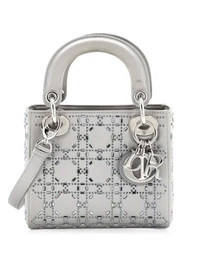 Pre-owned Dior Lady  Bag Crystal Embellished Cannage Quilt Satin Mini Satchel In Gray
