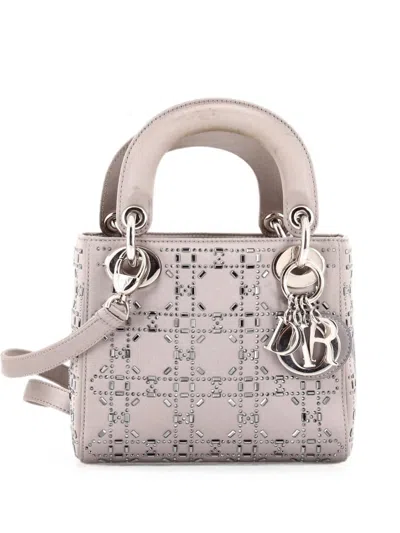 Pre-owned Dior Lady  Bag Crystal Embellished Cannage Quilt Satin Mini Satchel In Gray