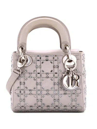 Pre-owned Dior Lady  Bag Crystal Embellished Cannage Quilt Satin Mini Satchel In Grey