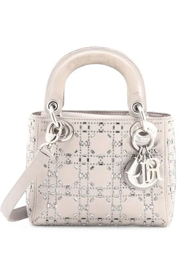 Pre-owned Dior Lady  Bag Crystal Embellished Cannage Quilt Satin Mini Satchel In Grey