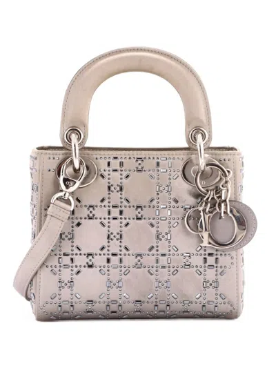 Pre-owned Dior Lady  Bag Crystal Embellished Cannage Quilt Satin Mini Satchel In Grey