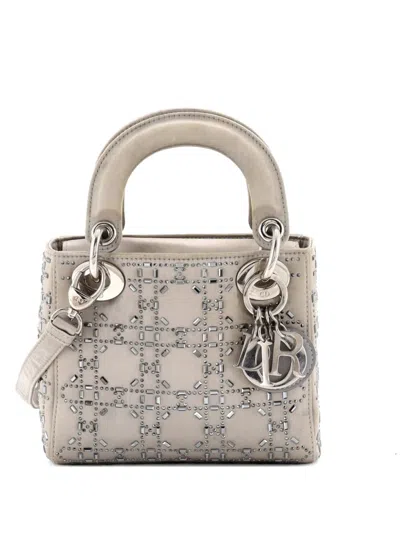 Pre-owned Dior Lady  Bag Crystal Embellished Cannage Quilt Satin Mini Satchel In Neutral