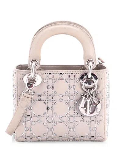 Pre-owned Dior Lady  Bag Crystal Embellished Cannage Quilt Satin Mini Satchel In Neutral