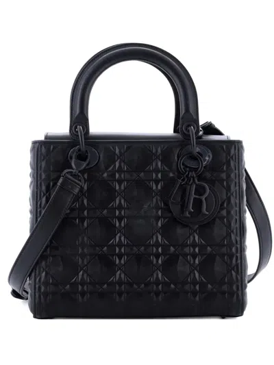 Pre-owned Dior Lady  Bag Diamond Motif Cannage Calfskin Medium Shoulder Bag In Black