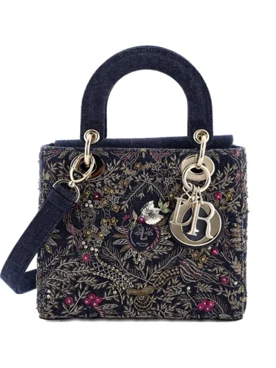 Pre-owned Dior Lady  Bag Embroidered Denim Small Shoulder Bag In Blue