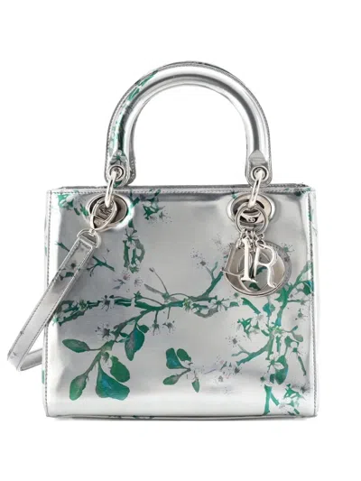 Pre-owned Dior Lady  Bag Floral Print Metallic Leather Medium Satchel In Silver