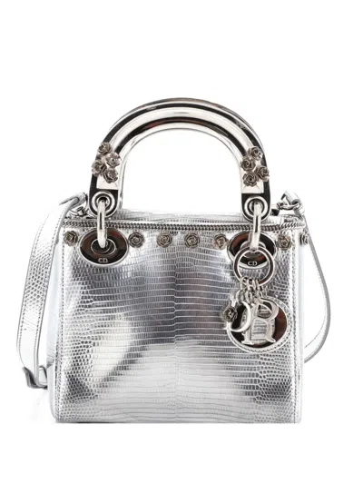 Pre-owned Dior Lady  Bag Lizard With Metal Applique Mini Satchel In Metallic