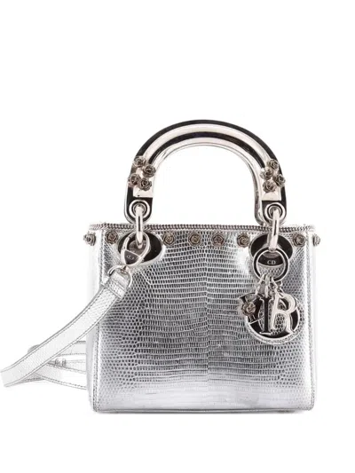Pre-owned Dior Lady  Bag Lizard With Metal Applique Mini Satchel In Silver