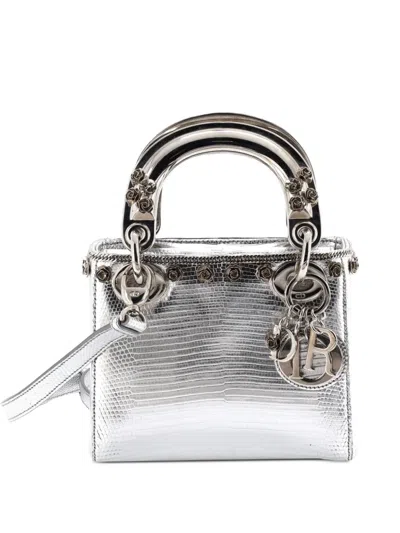 Pre-owned Dior Lady  Bag Lizard With Metal Applique Mini Satchel In Silver