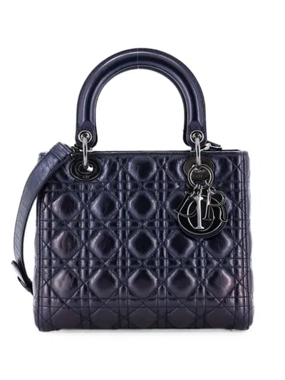 Pre-owned Dior Lady  Bag Macrocannage Crinkled Calfskin Medium Satchel In Blue