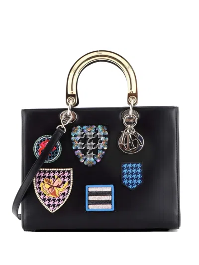 Pre-owned Dior Lady  Bag Patch Embellished Leather Large Satchel In Black