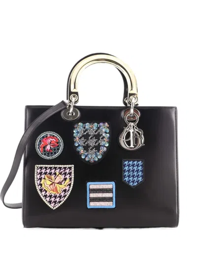 Pre-owned Dior Lady  Bag Patch Embellished Leather Large Satchel In Black