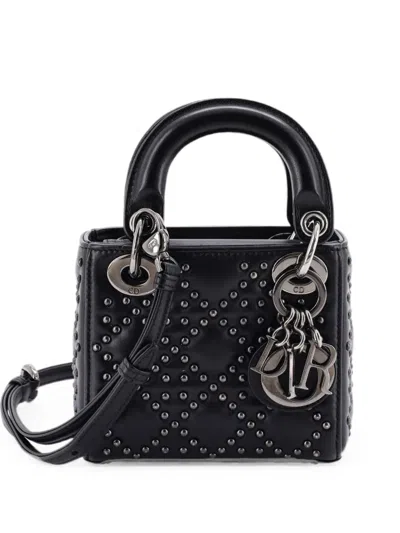 Pre-owned Dior Lady  Bag Pearl Cannage Studded Lambskin Micro Satchel In Black