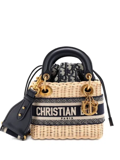 Pre-owned Dior Lady  Bag Wicker And Oblique Canvas Mini Tote Bag In Blue