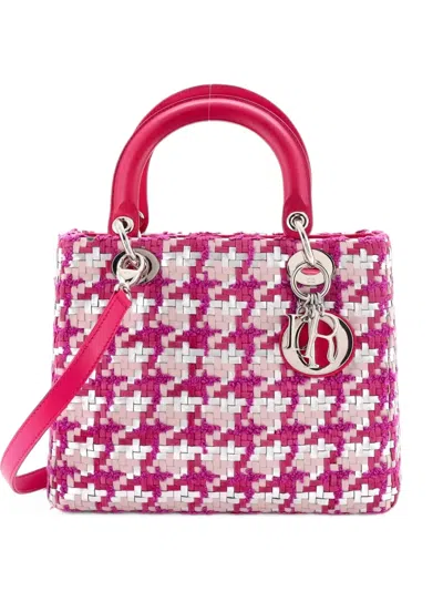 Pre-owned Dior Lady  Bag Woven Leather With Tweed Medium Tote Bag In Pink