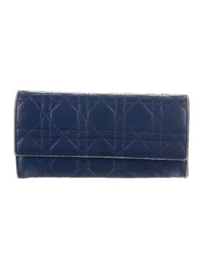 Pre-owned Dior Lady  Cannage Pattern Continental Wallet In Blue
