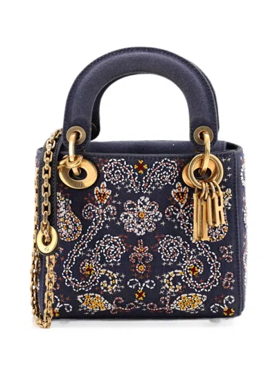 Pre-owned Dior Lady  Chain Bag Beaded Denim Mini Crossbody Bag In Blue