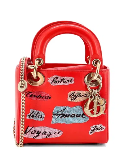 Pre-owned Dior Lady  Chain Bag Beaded Leather Mini Shoulder Bag In Red