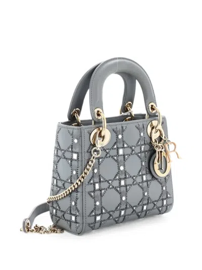 Pre-owned Dior Lady  Chain Bag Cannage Beaded Leather Mini Shoulder Bag In Grey