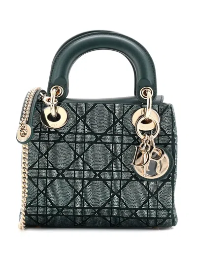 Pre-owned Dior Lady  Chain Bag Cannage Beaded Satin With Leather Mini Shoulder Bag In Green