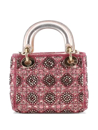Pre-owned Dior Lady  Chain Bag Cannage Beaded Satin With Metallic Leather Mini Satchel In Silver