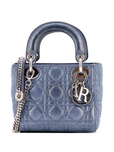 Pre-owned Dior Lady  Chain Bag Cannage Quilt Iridescent Leather Mini Satchel In Blue