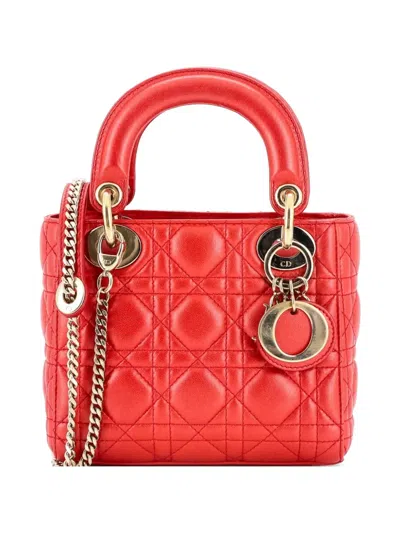 Pre-owned Dior Lady  Chain Bag Cannage Quilt Iridescent Leather Mini Satchel In Red